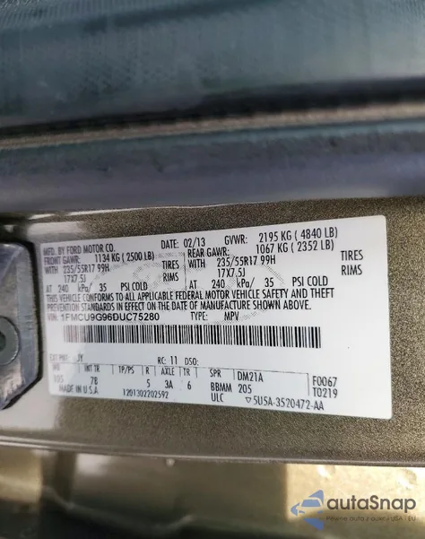 2013 Ford Escape Se from USA, damaged, VIN 1FMCU9G96DUC75280